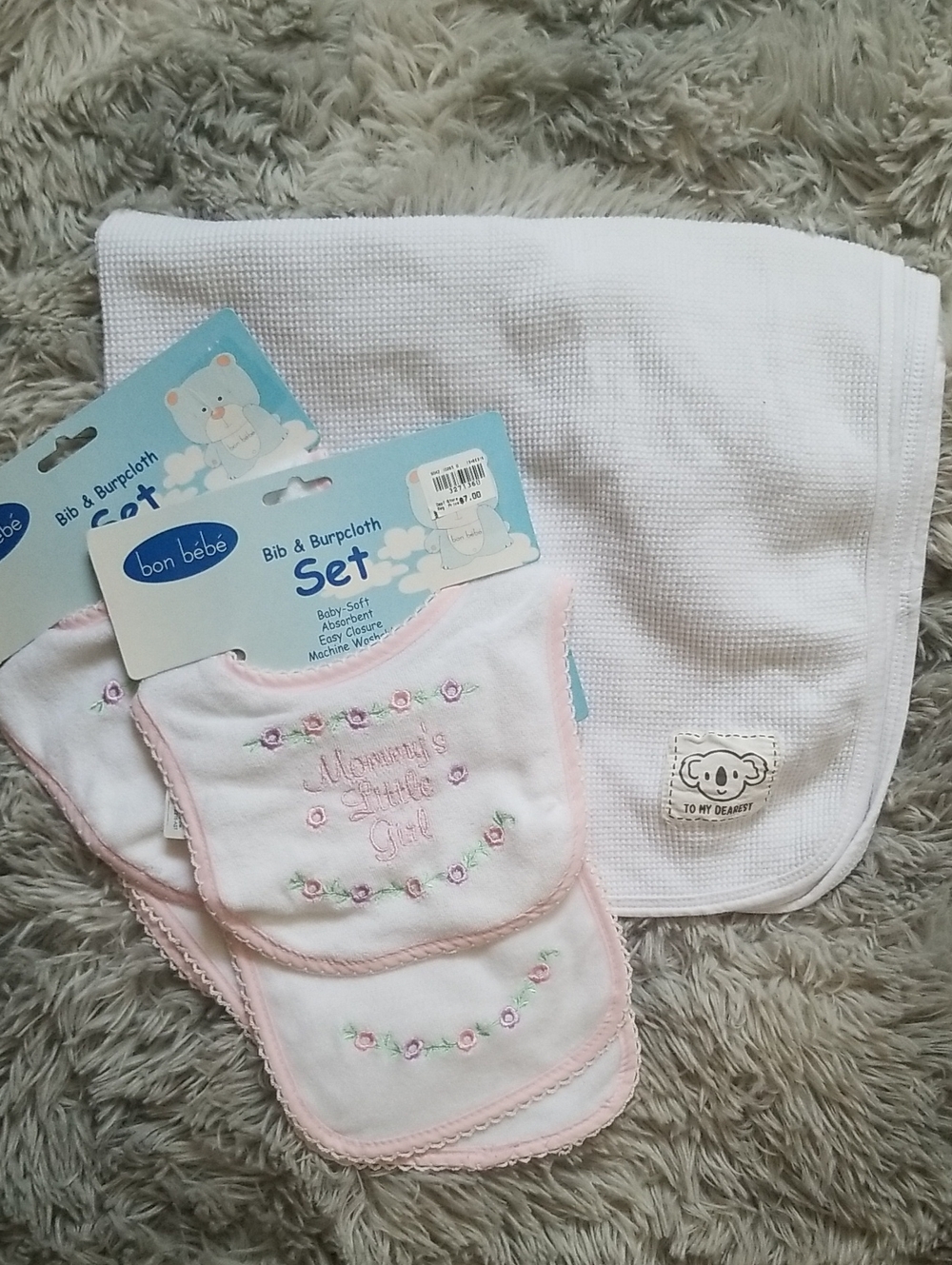 2 Pink Baby Bib Set & Thermal Baby Blanket